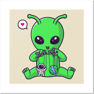 Cute Alien Playing Astronaut And Earth Puppet Cartoon Posters and Art